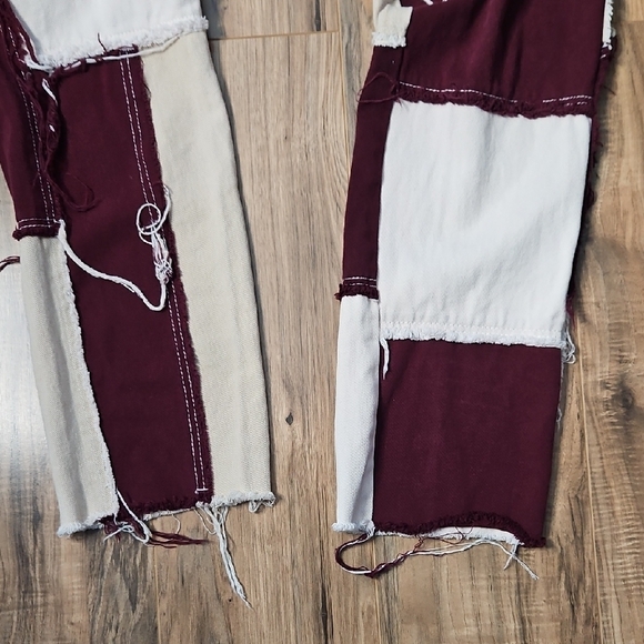 Women's Colorblock Patchwork Burgandy Tan and Cream Women Jeans 12 - Picture 8 of 13